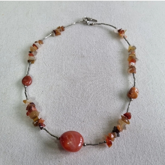 Sterling Silver Agate Necklace Amber Tone Toggle Clasp - Picture 4 of 10